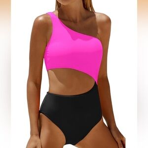 Asymmetric One-Shoulder Pink & Black Cutout One-Piece Swimsuit